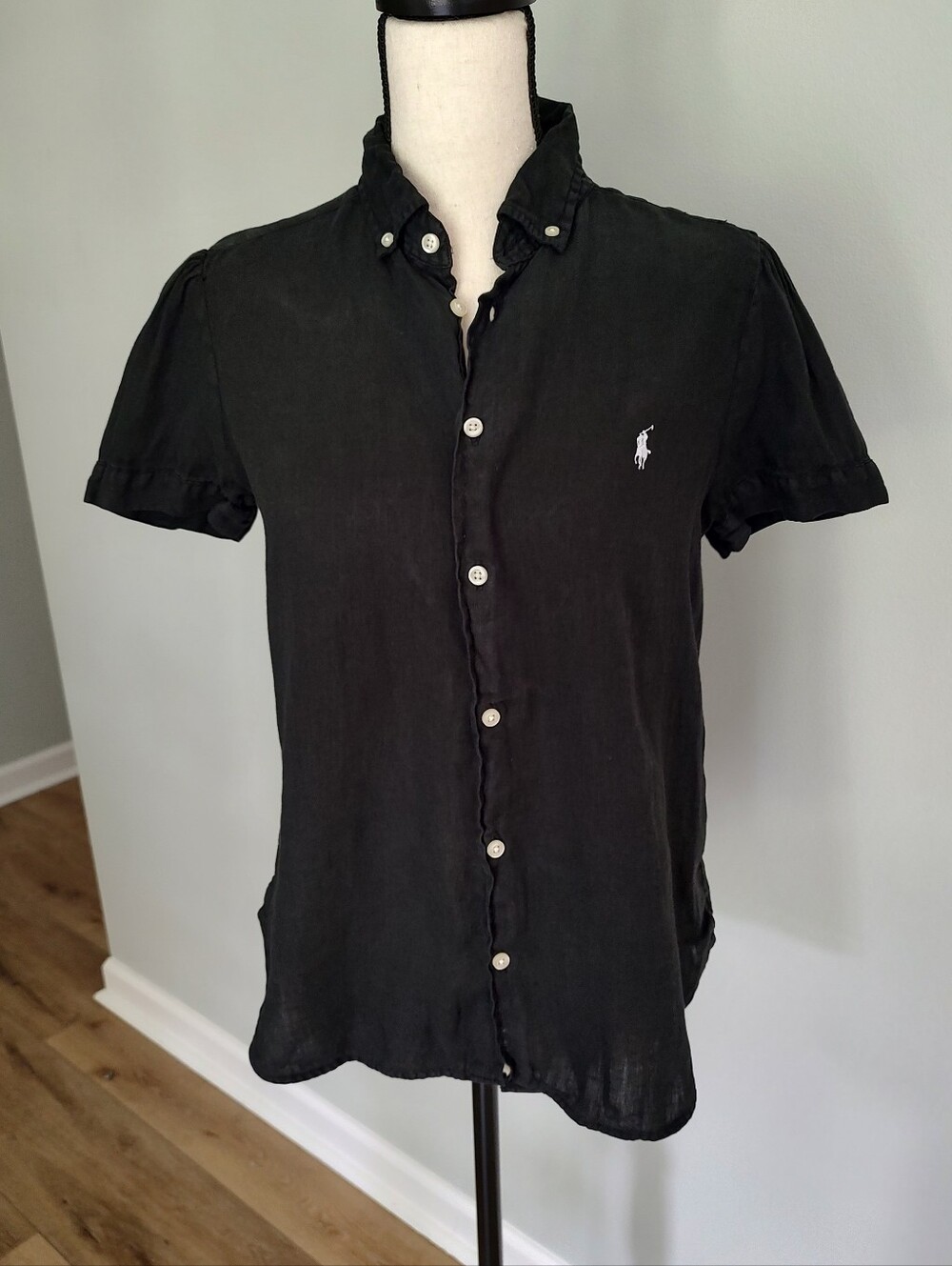 Polo Ralph Lauren Black 100% Linen Button Front Short Sleeve Shirt Women’s L